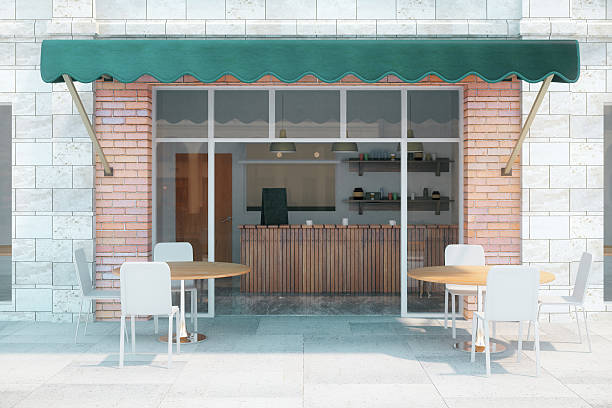 Cafe with brick walls and green canopy exterior design. 3D Render